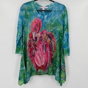 Leoma Lovegrove Womens Flamingo Art Tunic Top Size PM‎ 3/4 Sleeve Resort Artsy